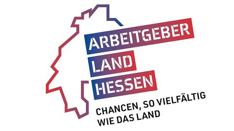 Schriftzug "Arbeitgeber Land Hessen - Chancen, so vielfältig wie das Land" vor dem Umriss des Landes Hessen